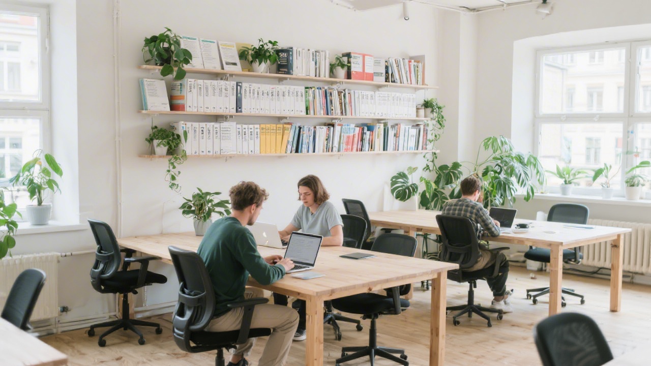 Bright coworking space in Berlin Mitte with shared desks, indoor plants, wall shelves stacked with tax literature, and freelancers cooperating on laptops