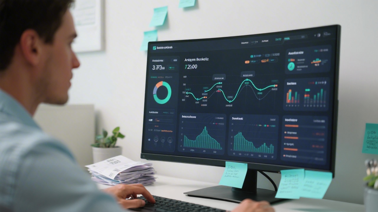 Analytics specialist reviewing automated bookkeeping dashboard on curved monitor with highlighted data flows, receipts stack nearby, teal sticky notes and mint accents on workspace
