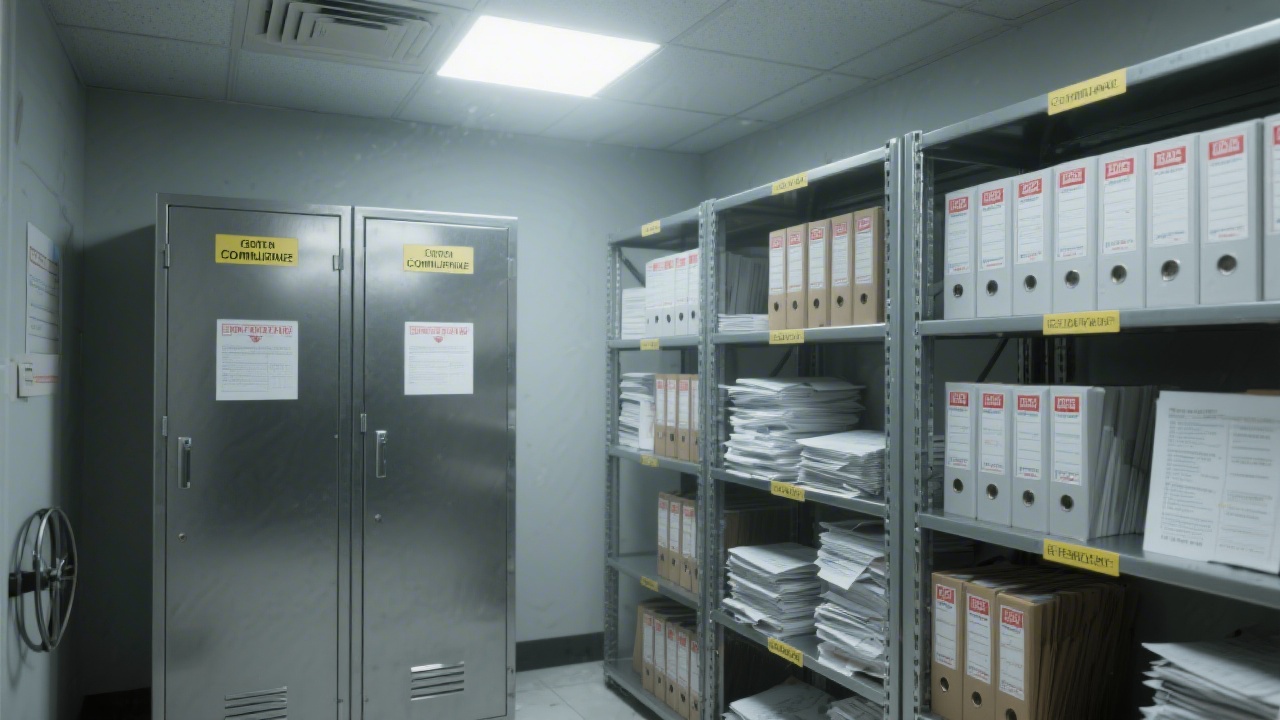Secure archive room with labeled compliance folders, stainless steel cabinet, stamped documents, and overhead lighting representing meticulous retention policies for financial records