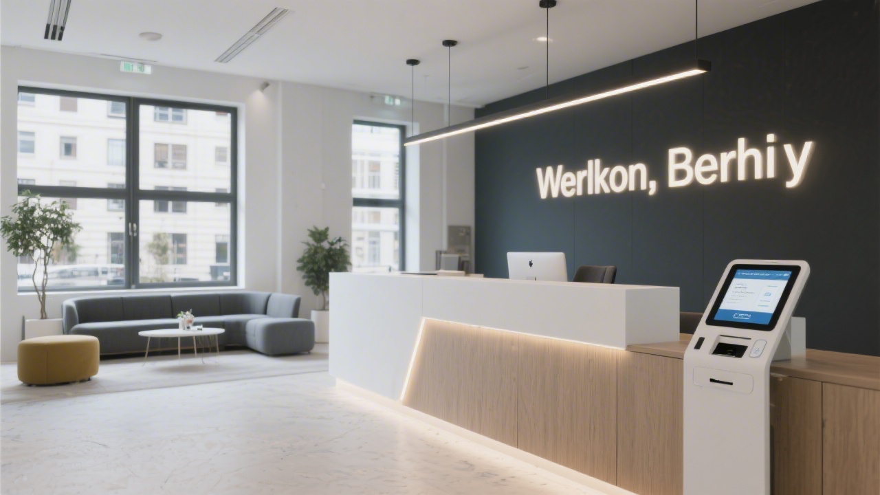 Reception area at modern Berlin office with welcoming signage, minimalist seating, integrated lighting, and digital visitor registration kiosk on counter