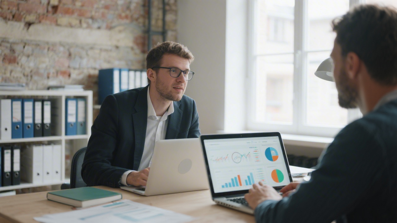 Professional tax advisor collaborating with independent developer inside modern Berlin loft office, layered financial dashboards on laptop, organized binders and soft daylight through large window