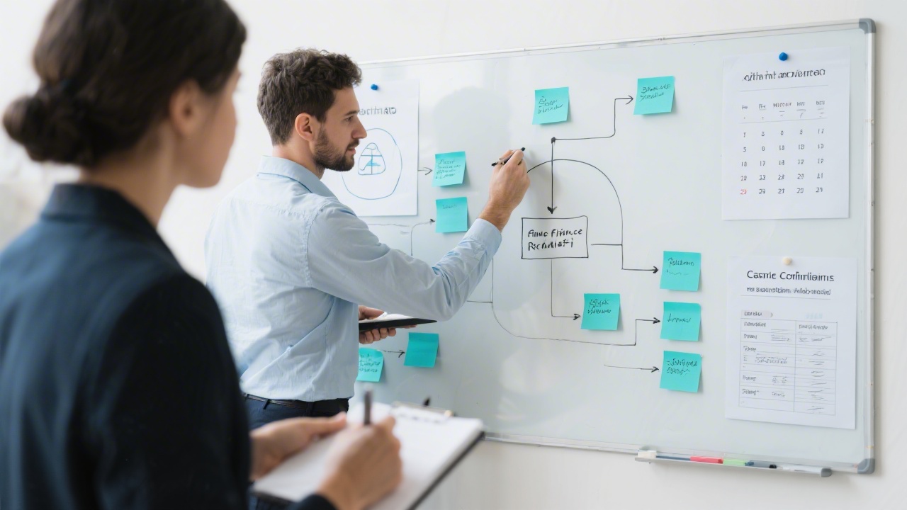 Advisor drawing financial process map on whiteboard with teal sticky notes, calendar reminders, and compliance checklist while colleague takes structured notes