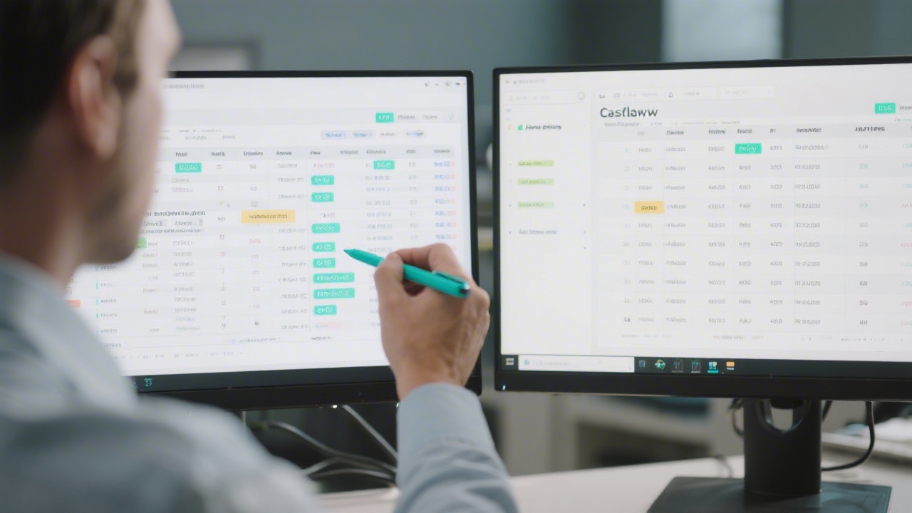 Experienced analyst reviewing cashflow spreadsheets on dual screens, highlighting expense allocations and taxable revenue markers with mint colored stylus