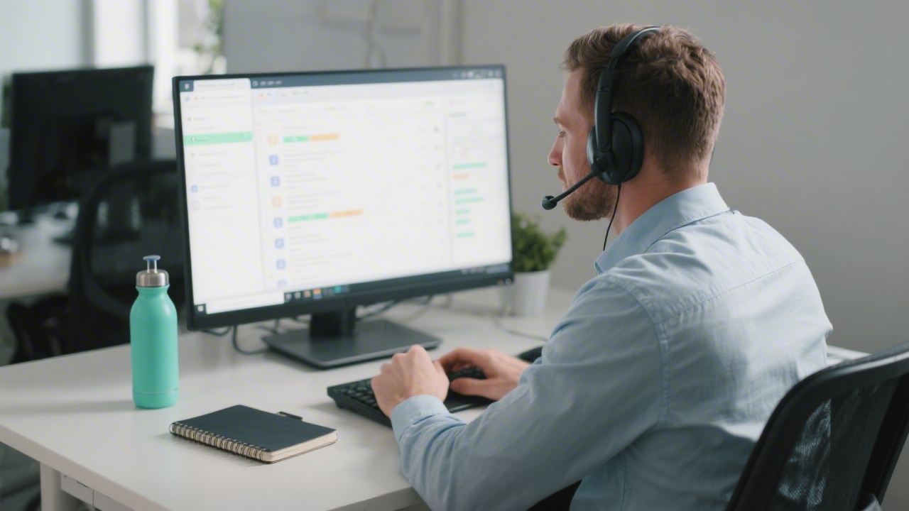 Dedicated support specialist wearing headset while monitoring service tickets on widescreen monitor, organized notebook and mint water bottle on tidy desk