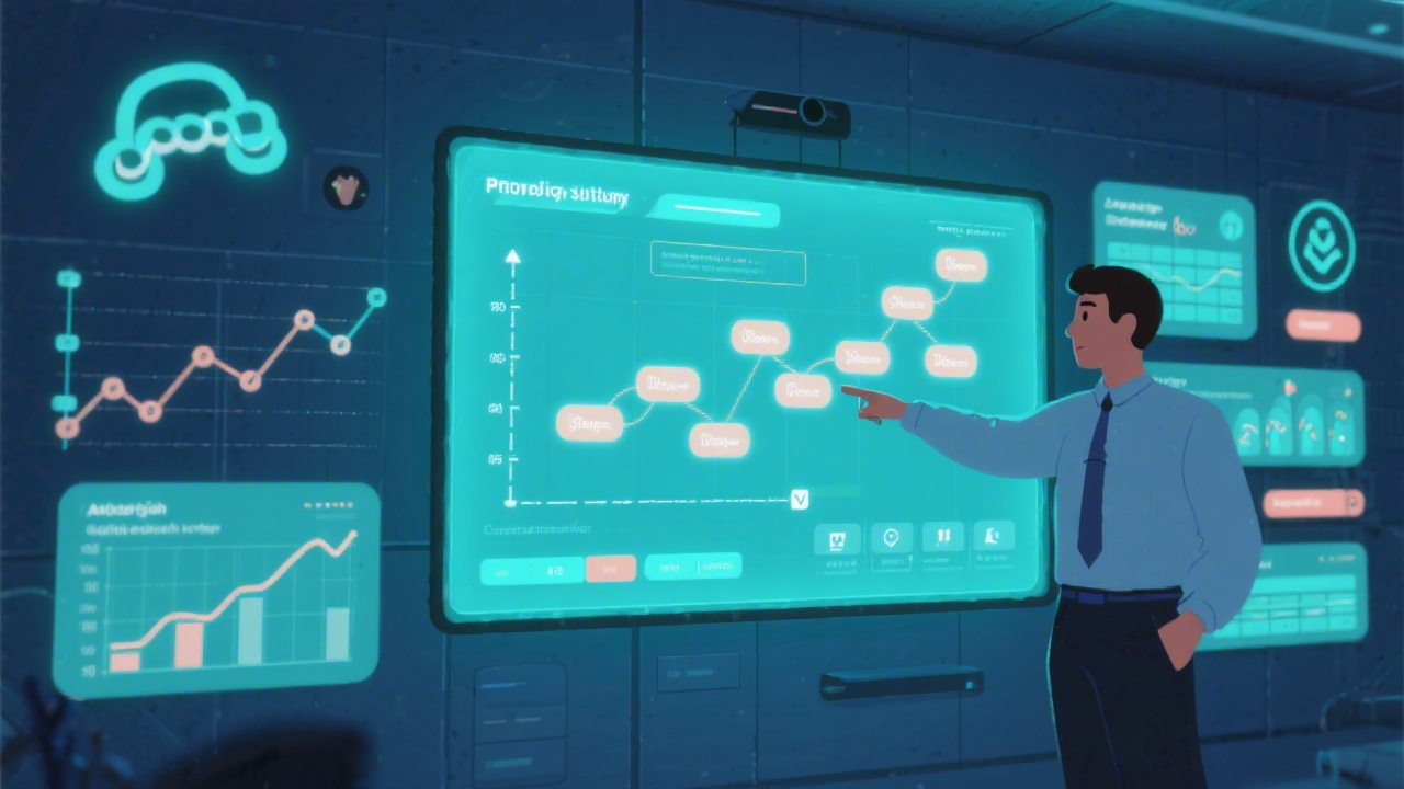 Illustrated project manager pointing at illuminated workflow chart on wall screen surrounded by timelines, automation icons, and scheduling reminders in collaborative hub